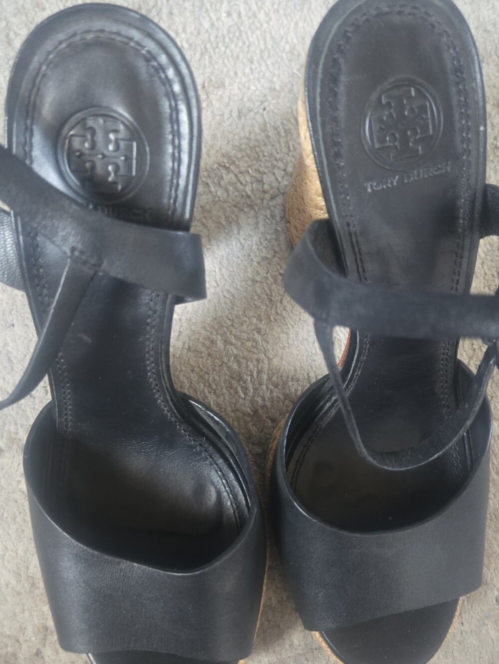 Tory Burch Black Leather Wedge Sandals with Cork Heel
